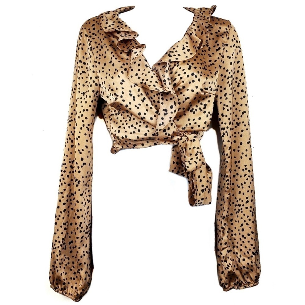 CLUB L LONDON ruffled v-neck wrap long sleeve blouse elastic wrists NEW size S